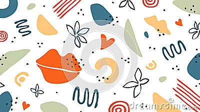 Abstract background with organic shapes, hearts, lips. Colorful vector elements in doodle style for wallpaper, cover, banner, gree Vector Illustration